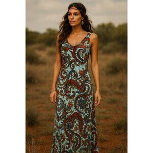 NWT 2OH Boho Silk Blend Paisley Maxi Dress Velour Texture Hippie Style Fully Lin